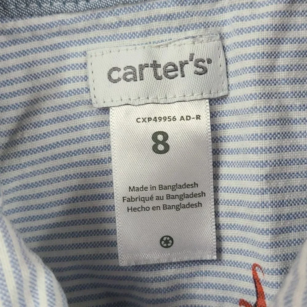 Carter's Boy 8 Blue Striped Dinosaur Button-Front Dress Shirt Long Sleeve Preppy